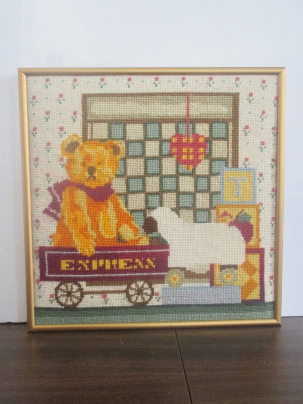 Framed Needlepoint Nursery Decor Teddy Bear Toys Rosebuds 12 x 12